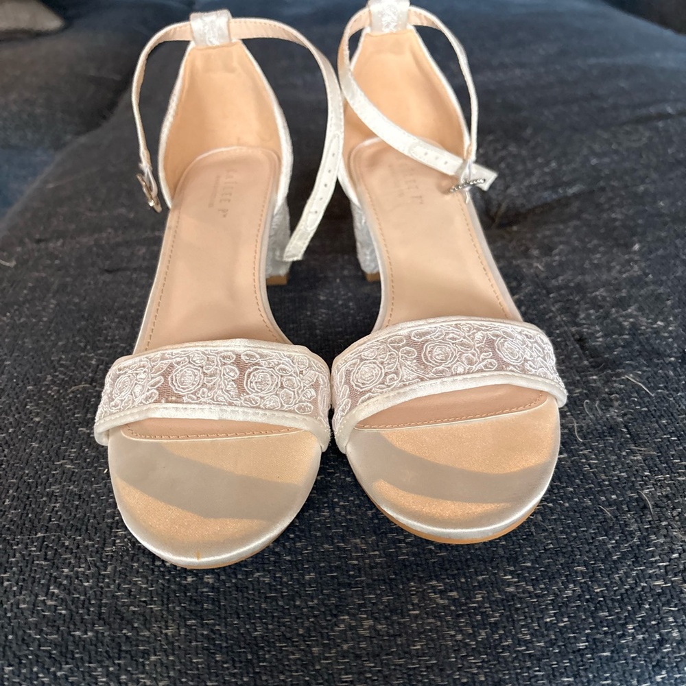 Open-Toe White Embroidered Ankle-Strap Heels